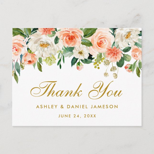Cartão Postal Elegante Coral Floral Dourado Casamento Obrigado (Frente)