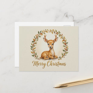Cartão Postal Elegante Coroa de Rena Natal Minimalista Dourada