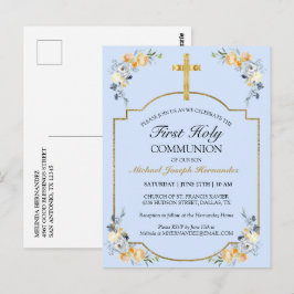 Cartão Postal Elegante Cruz de Ouro Azul Floral 1ª Comunhão