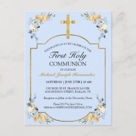 Cartão Postal Elegante Cruz de Ouro Azul Floral 1ª Comunhão