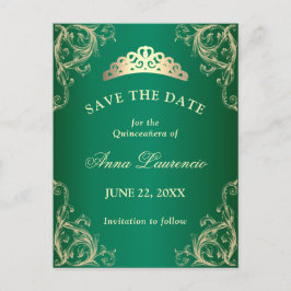 Cartão Postal Elegante Damask Verde Quinceanera Salve a Data