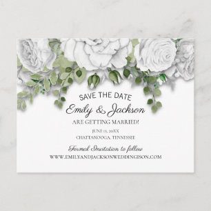 Cartão Postal Elegante data de casamento com flores brancas e fo
