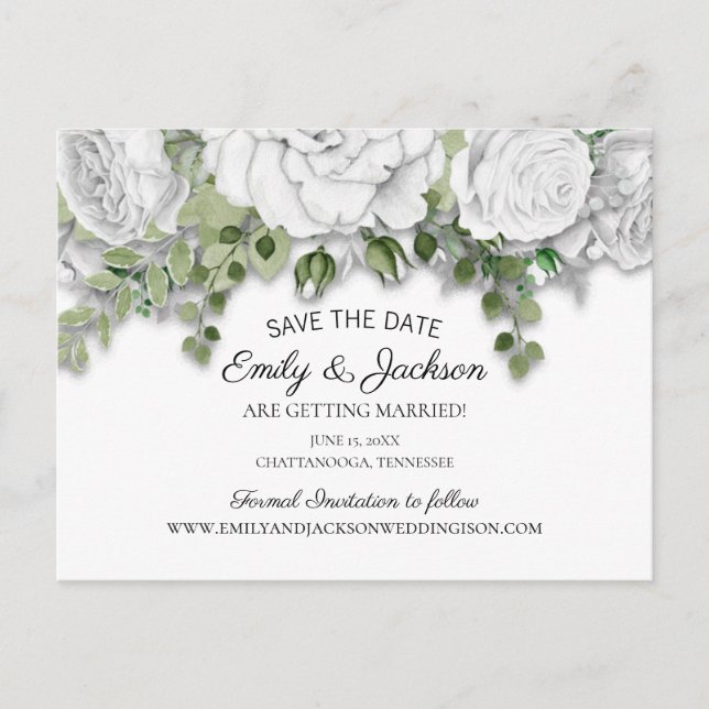 Cartão Postal Elegante data de casamento com flores brancas e fo (Frente)