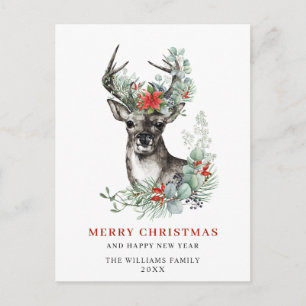 Cartão Postal Elegante Deer Poinsettia Natal Saudação Feriado