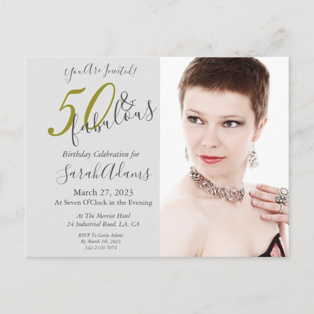Cartão Postal Elegante Dourado 50 & Fabulosa Festa de Aniversári (Frente)