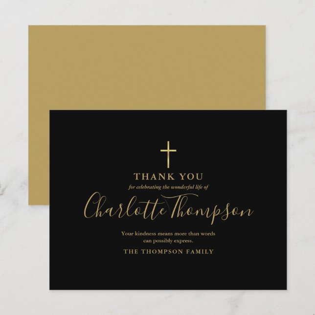 Cartão Postal Elegante Dourado Cross Memorial Funeral Obrigado (Frente/Verso)