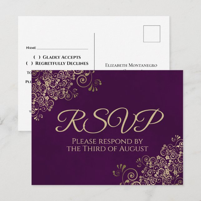 Cartão Postal Elegante Dourado Frils em Plum Purple Wedding RSVP (Frente/Verso)