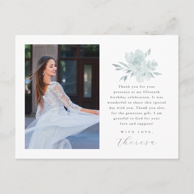 Cartão Postal Elegante Duas Fotografias Quinceanera Floral Obrig (Frente)