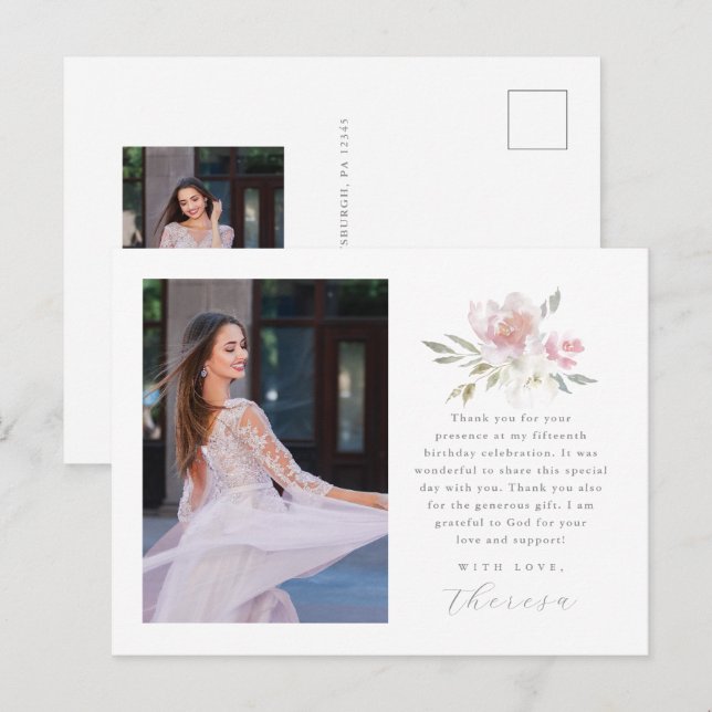 Cartão Postal Elegante Duas Fotografias Quinceanera Floral Obrig (Frente/Verso)