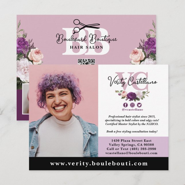Cartão Postal Elegante Dusty Mauve Floral Salon Marketing Fotogr (Frente/Verso)