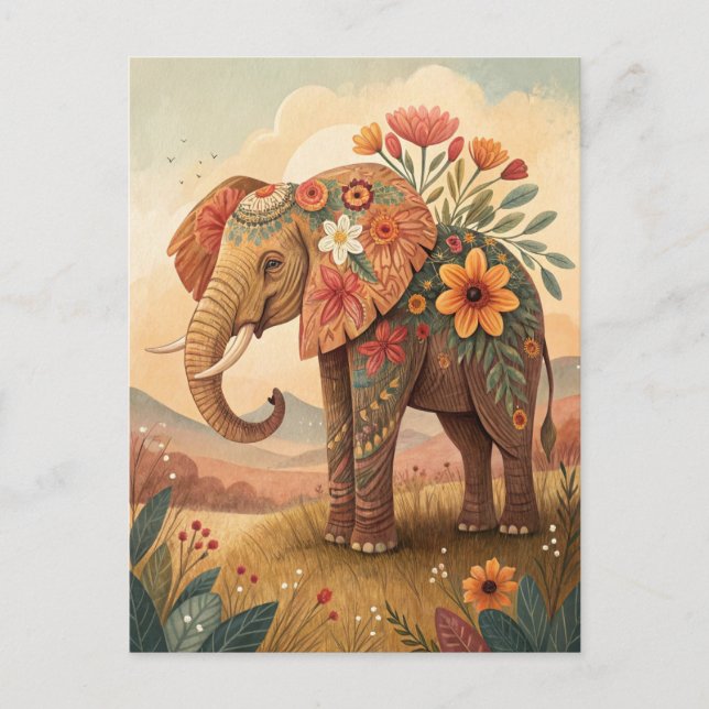 Cartão Postal Elegante elefante parabéns estilo de arte popular (Frente)