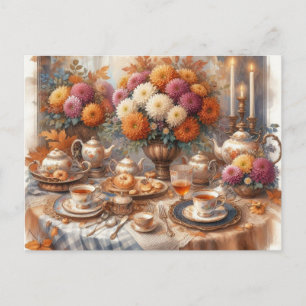 Cartão Postal Elegante Festa de Chá de Outono Aquarela