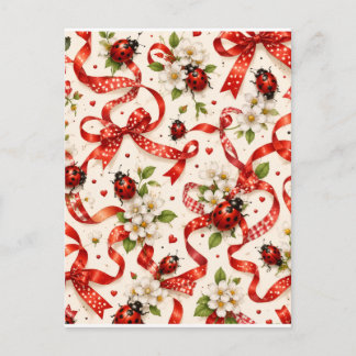 Cartão Postal Elegante Fita Vermelha de Natal & Grelha Floral de