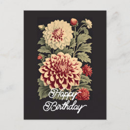Cartão Postal Elegante Flor de Dália Vintage Feliz Aniversário