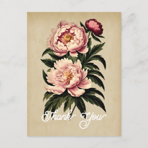 Cartão Postal Elegante Flor de Peônia Rosa Vintage Obrigado