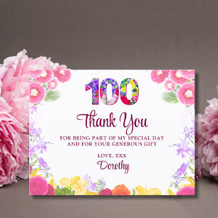 Cartão Postal Elegante Floral 100º Aniversário, 100 Anos Obrigad