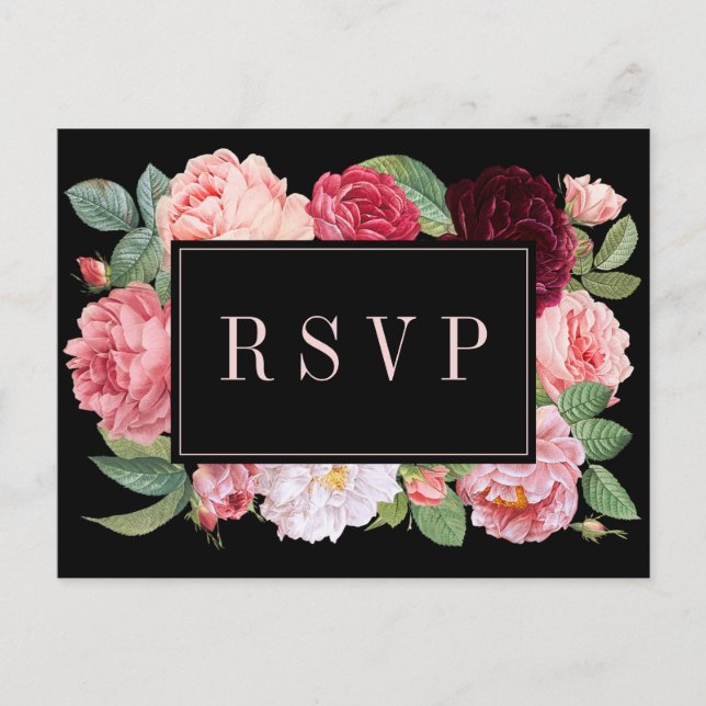 Cartão Postal Elegante Floral Burgundy Black Weding RSVP (Frente)