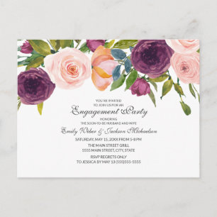 Cartão Postal Elegante Floral de Aquarela Burgundy de Noivado