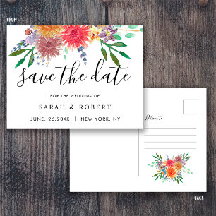 Cartão Postal Elegante Floral de Aquarela para Casamento Save th