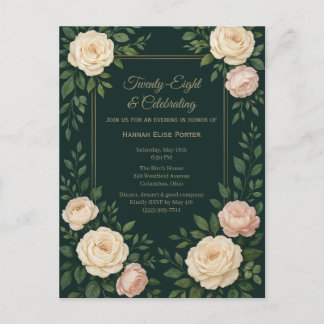 Cartão Postal Elegante Floral em Azul Escuro com Moldura Dourada