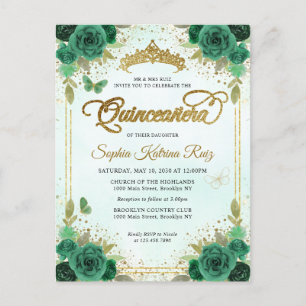 Cartão Postal Elegante Floral Emerald Green Glam Dourado Quincea