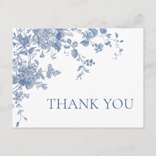Cartão Postal Elegante Flores Azuis Jardim Francês Obrigado