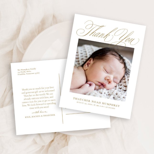 Cartão Postal Elegante Fotografia em Script Dourado Obrigado Beb (Criador carregado)