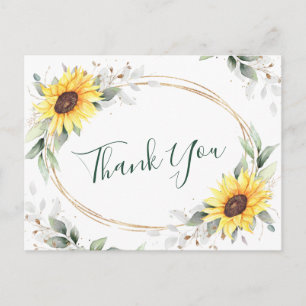 Cartão Postal Elegante Girassóis Greenery Floral Obrigado