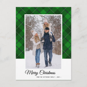 Cartão Postal Elegante Green Tartan Merry Christmas Family Photo