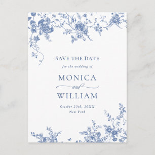 Cartão Postal Elegante Jardim Francês Azul Casamento Save the Da
