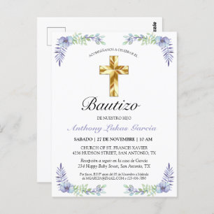 Cartão Postal Elegante Lavanda Cruz De Oro Bautizo Invitación