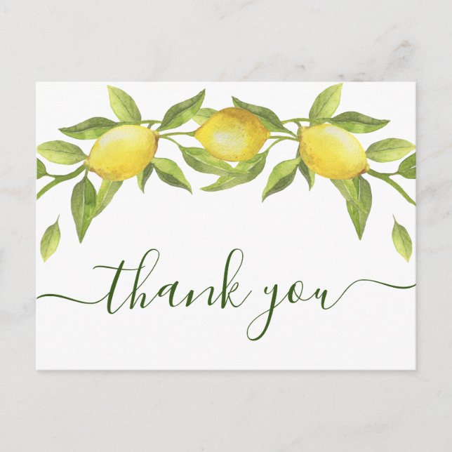 Cartão Postal Elegante Lemons Watercolor Casamento Floral Obriga (Frente)