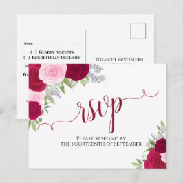 Cartão Postal Elegante Magenta Pink Watercolor Rosas de Casament