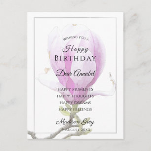 Cartão Postal Elegante Magnolia Rosa Desejos de Aniversário