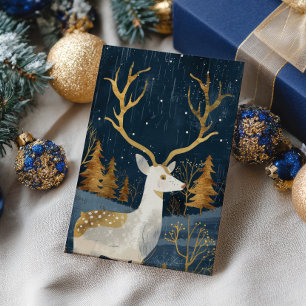 Cartão Postal Elegante Marinho Azul e Dourada Aquarela Cozy Xmas