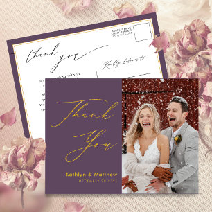 Cartão Postal Elegante Mauve Modern Script Weding Obrigado