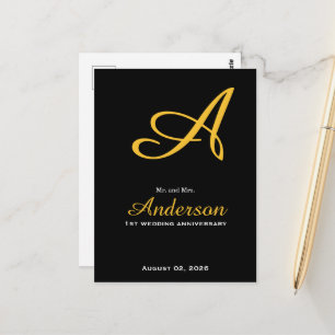Cartão Postal Elegante Monograma Preto Dourado Aniversário de Ca