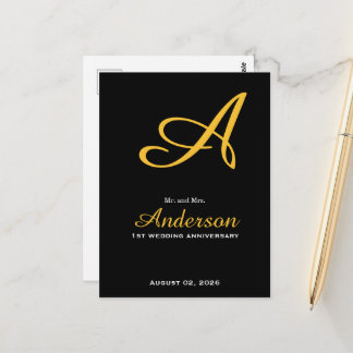 Cartão Postal Elegante Monograma Preto Dourado Aniversário de Ca