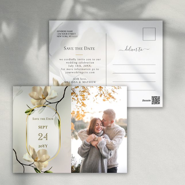 Cartão Postal Elegante Oriental Magnolia Casamento Salve a Data (Elegant Oriental Magnolia Wedding Save the Date Postcard)