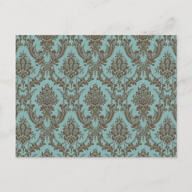 Cartão Postal Elegante padrão de damasco em Aqua e Chocolate | V (Frente)