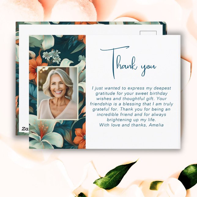 Cartão Postal Elegante Padrão de Folhagem de Flores Foto Obrigad (Criador carregado)