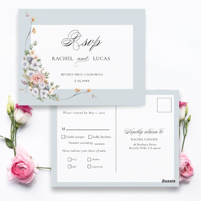 Cartão Postal Elegante Pastel Boho Calliografia Floral RSVP (Criador carregado)