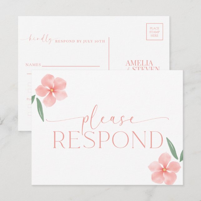 Cartão Postal Elegante Peach Floral Wedding RSVP (Frente/Verso)