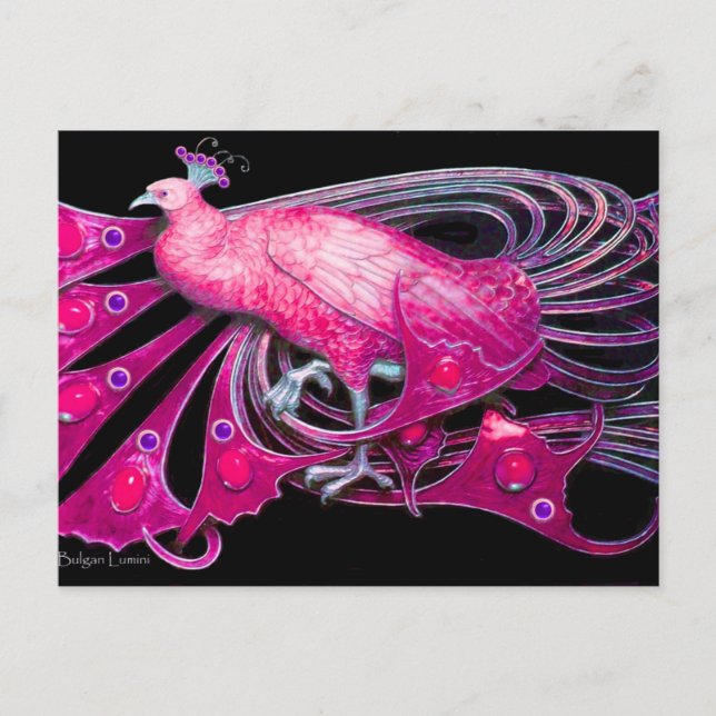 CARTÃO POSTAL ELEGANTE PEACOCK EM PINK FUCHSIA PRETO (Frente)