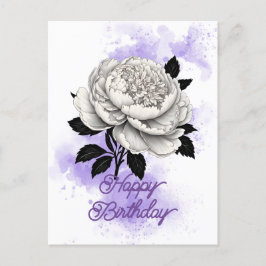 Cartão Postal Elegante Peônia Branca Vintage com Salpico Roxo de