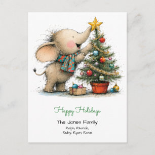 Cartão Postal Elegante Pequeno Elefante com Árvore de Natal