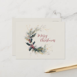 Cartão Postal Elegante Pine e Holly Wreath com Destaques Dourado