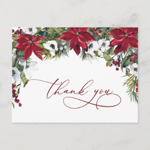 Cartão Postal Elegante Poinsettia Casamento Watercolor Obrigado