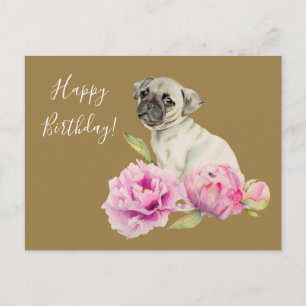 Cartão Postal Elegante Pug e Peonies Aniversário