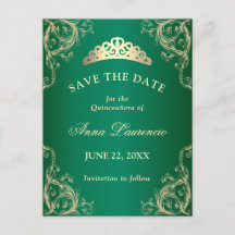 Elegante Quinceanera Verde Damasco Save The Date